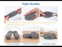 घरेलू स्टेनलेस स्टील सफाई बॉल पैन स्क्रबर 8*8 सेमी 40 ग्राम 0.08-0.5 मिमी तार की चौड़ाई